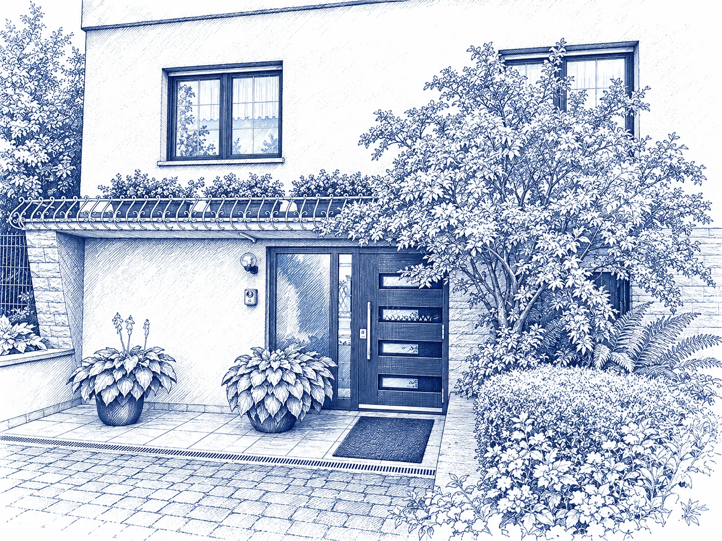 Blaue Schraffurzeichnung des Eingangs der Pension Deparade mit Blumenkübeln und Garten