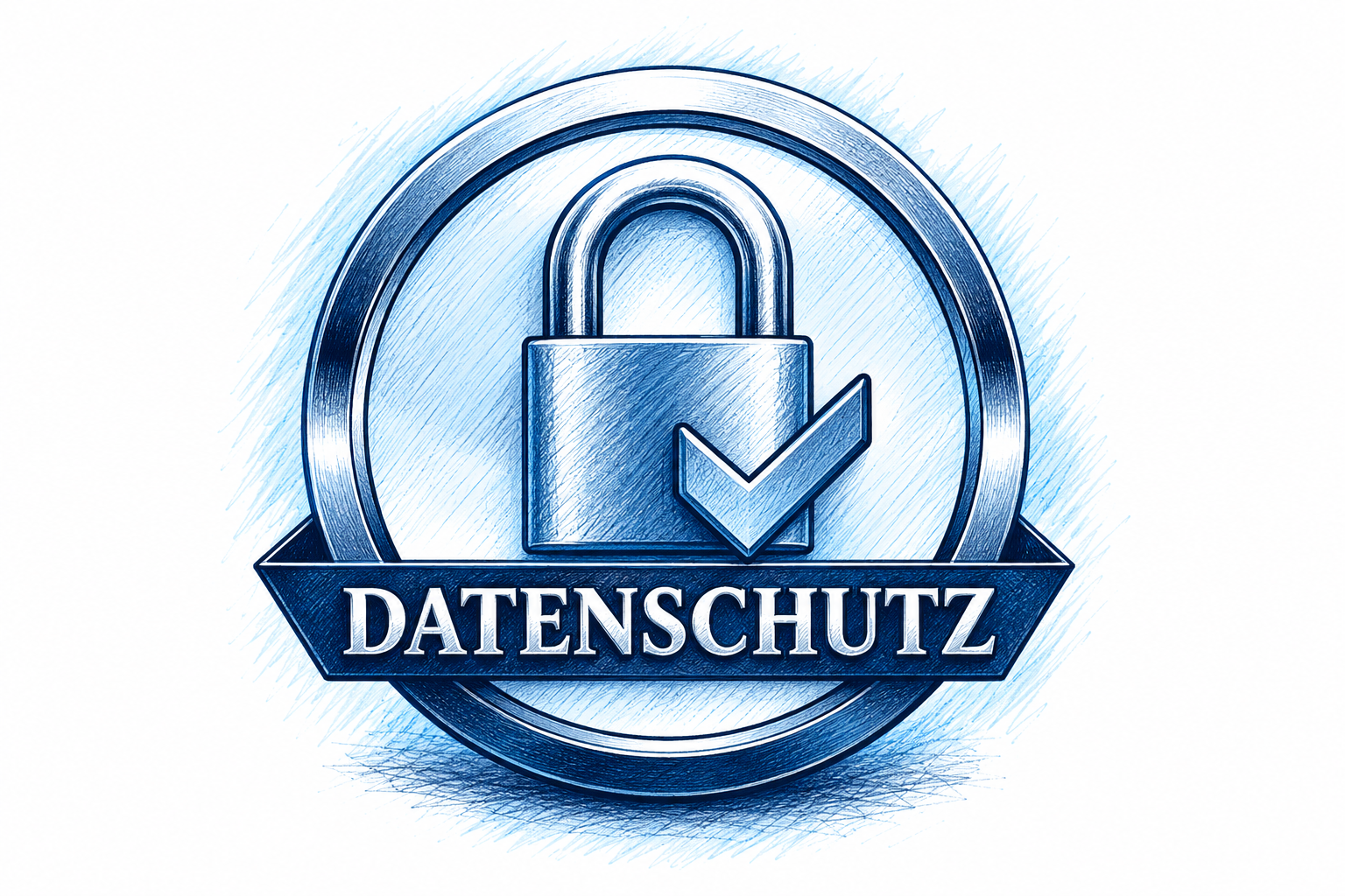 Blaue Schraffurzeichnung eines Datenschutzsiegels mit Schloss und Häkchen