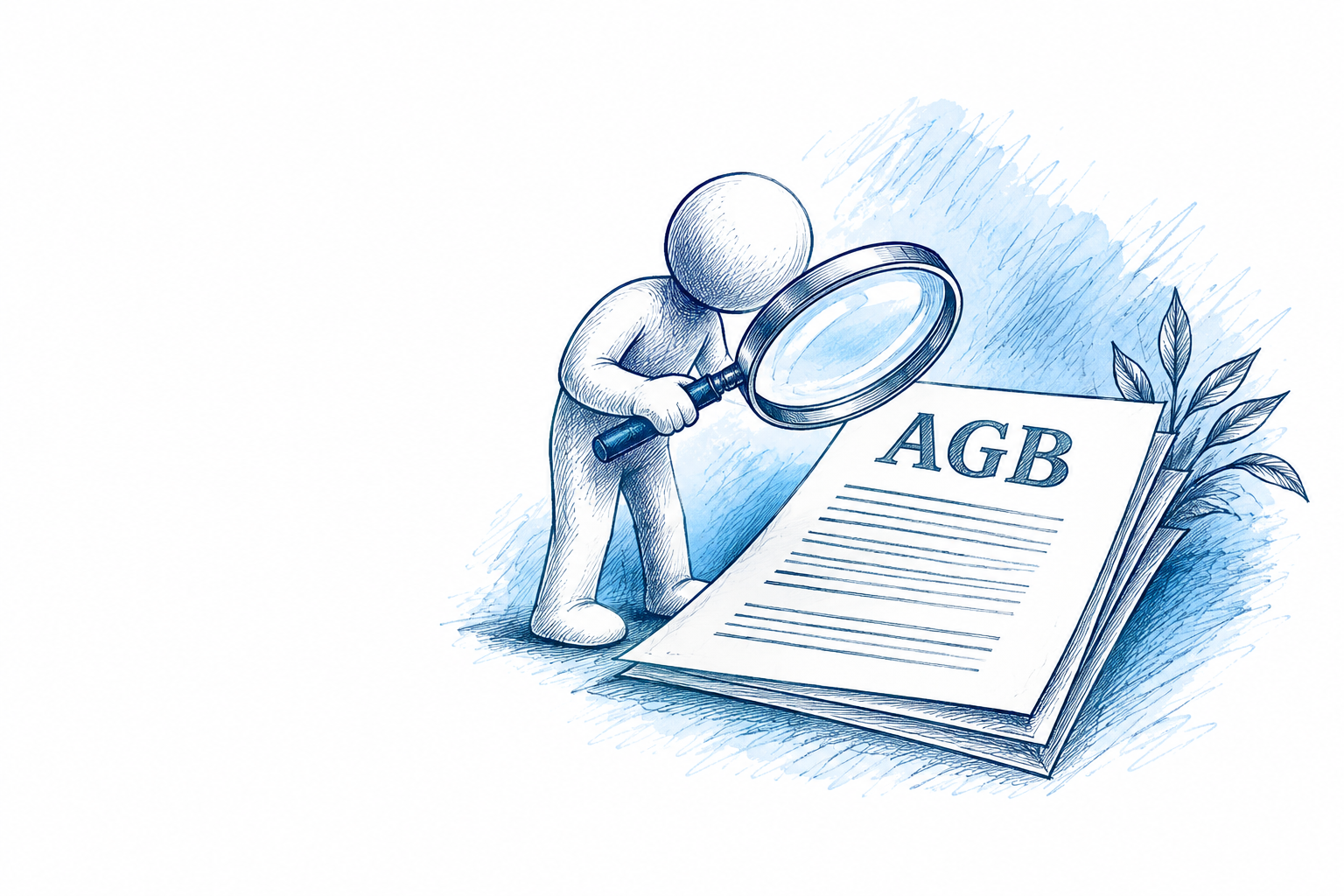Blaue Schraffurzeichnung: Eine Figur betrachtet die AGB mit einer Lupe
