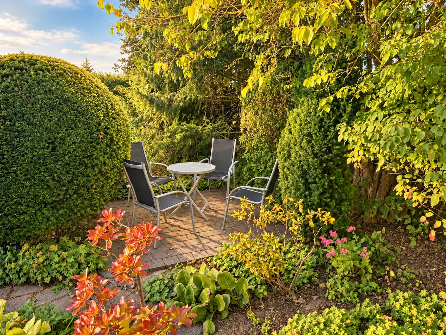 Sitzgruppe im Grünen im Garten der Pension Deparade